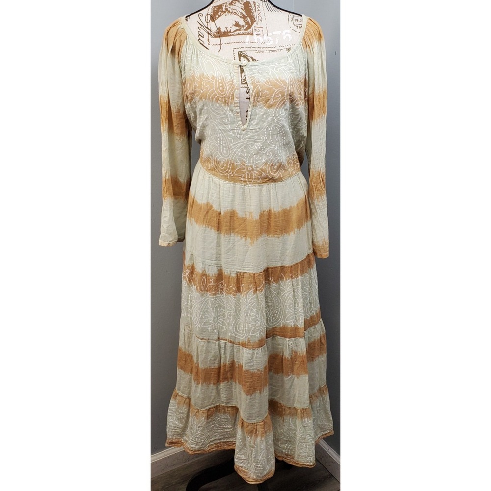 Natura Tiered Maxi Dress Womens Large Multi Striped Cottagecore Bohemian Summer